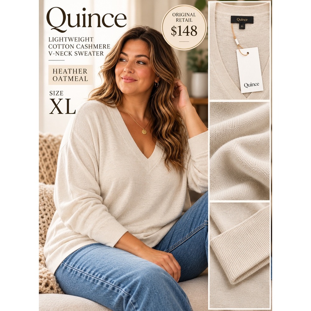 Quince Cotton Cashmere V-Neck Sweater XL Heather Oatmeal Quiet Luxury NWT